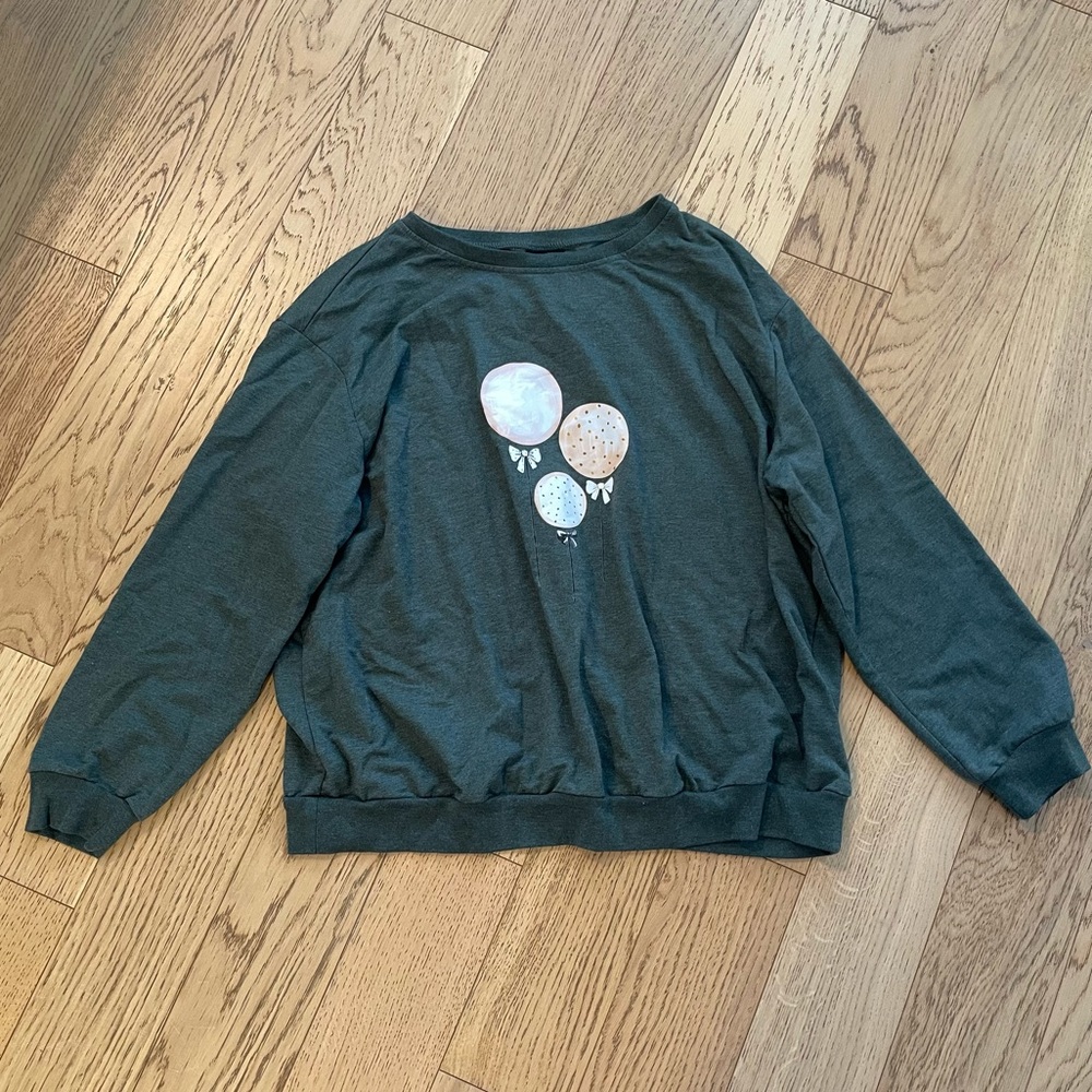 Dark Green Long Sleeve Pullover 3 Pink Balloons Bows Sweater Crew Curve